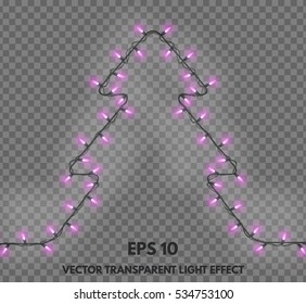 Vector isolated garland decorations in the shape of Christmas trees on a transparent background. Festive lights glowing element for your projects.