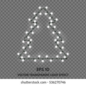 Vector isolated garland decorations in the shape of Christmas trees on a transparent background. Festive lights glowing element for your projects.
