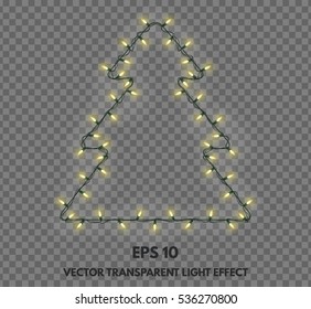 Vector isolated garland decorations in the shape of Christmas trees on a transparent background. Festive lights glowing element for your projects.