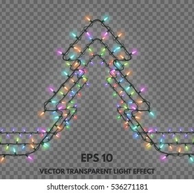Vector isolated garland decorations in the shape of Christmas trees on a transparent background. Festive lights glowing element for your projects.