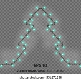 Vector isolated garland decorations in the shape of Christmas trees on a transparent background. Festive lights glowing element for your projects.