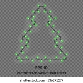 Vector isolated garland decorations in the shape of Christmas trees on a transparent background. Festive lights glowing element for your projects.