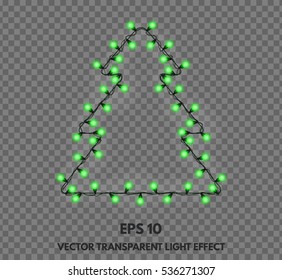 Vector isolated garland decorations in the shape of Christmas trees on a transparent background. Festive lights glowing element for your projects.