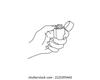 Vector isolated gas lighter in a woman's hand colorless black and white contour line drawing