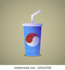 Vector isolated gas soda drink in take away blue paper glass with a straw and yin yang symbol flat icon