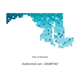 Ilustración geométrica aislada de vectores con área azul helada de EE.UU. - Mapa del estado de Maryland. Estilo de arte de píxeles para la plantilla NFT. Logotipo de color simple con textura degradada
