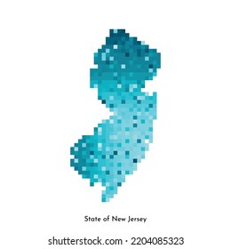 Vector isolated geometric illustration with icy blue area of USA - State of New Jersey map. Pixel art style for NFT template. Simple colorful logo with gradient texture