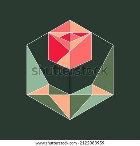 Vector isolated geometric illustration of a polygonal red tulip with leaves in a white line hexagon on a dark green background. Logo style. Idea for flower shop. Botanical floral art. Emblem
