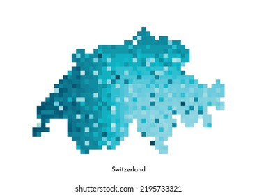 Vector isolated geometric illustration with simple icy blue shape of Switzerland map. Pixel art style for NFT template. Dotted logo with gradient texture for design on white background