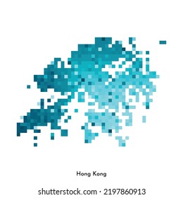 Vector isolated geometric illustration with simple icy blue shape of Hong Kong map. Pixel art style for NFT template. Dotted logo with gradient texture for design on white background