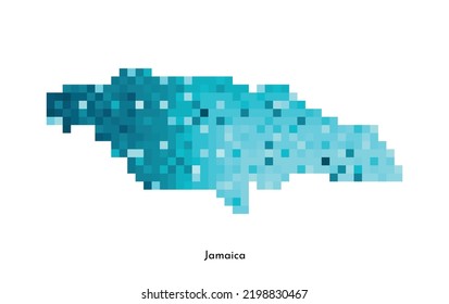 Vector isolated geometric illustration with simple icy blue shape of Jamaica map. Pixel art style for NFT template. Dotted logo with gradient texture for design on white background