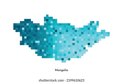 Vector isolated geometric illustration with simple icy blue shape of Mongolia map. Pixel art style for NFT template. Dotted logo with gradient texture for design on white background