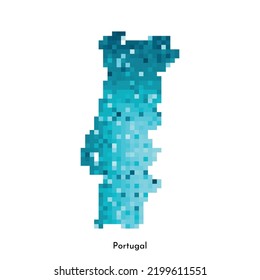 Vector isolated geometric illustration with simple icy blue shape of Portugal map. Pixel art style for NFT template. Dotted logo with gradient texture for design on white background