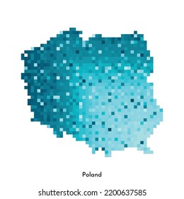 Vector isolated geometric illustration with simple icy blue shape of Poland map. Pixel art style for NFT template. Dotted logo with gradient texture for design on white background