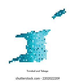 Ilustración geométrica aislada de vectores con una simple forma azul hielo del mapa de Trinidad y Tobago. Estilo de arte de píxeles para la plantilla NFT. Logotipo punteado con textura degradada para el diseño sobre fondo blanco