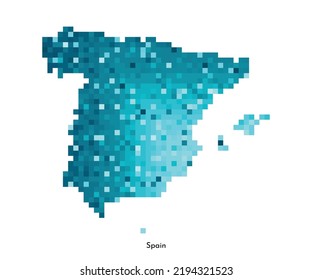 Ilustración geométrica aislada de vectores con silueta azul glacial simplificada del mapa de España. Estilo de arte de píxeles para la plantilla NFT. Logotipo español con textura degradada para el diseño sobre fondo blanco
