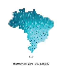 Vector isolated geometric illustration with simplified icy blue silhouette of Brazil map. Pixel art style for NFT template. Dotted logo with gradient texture for design on white background