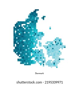 Ilustración geométrica aislada de vectores con silueta azul hielo simplificado del mapa de Dinamarca. Estilo de arte de píxeles para la plantilla NFT. Logotipo punteado con textura degradada para el diseño sobre fondo blanco