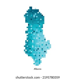 Vector isolated geometric illustration with simplified icy blue silhouette of Albania map. Pixel art style for NFT template. Dotted logo with gradient texture for design on white background