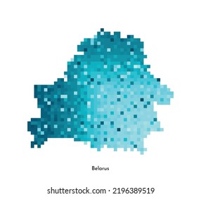 Ilustración geométrica aislada de vectores con silueta azul hielo simplificado del mapa de Bielorrusia. Estilo de arte de píxeles para la plantilla NFT. Logotipo punteado con textura degradada para el diseño sobre fondo blanco