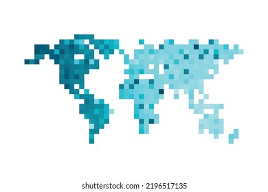 Ilustración geométrica aislada por vectores con silueta azul glacial simplificada del mapa del mundo. Estilo de arte de píxeles para la plantilla NFT. Logotipo punteado con textura degradada sobre fondo blanco