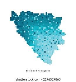 Vector isolated geometric illustration with simplified icy blue silhouette of Bosnia and Herzegovina map. Pixel art style for NFT template. Dotted logo with gradient texture on white background