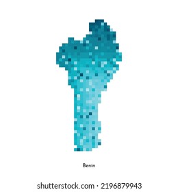 Ilustración geométrica aislada de vectores con silueta azul hielo simplificado del mapa de Benín. Estilo de arte de píxeles para la plantilla NFT. Logotipo punteado con textura degradada para el diseño sobre fondo blanco