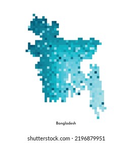 Vector isolated geometric illustration with simplified icy blue silhouette of Bangladesh map. Pixel art style for NFT template. Dotted logo with gradient texture for design on white background