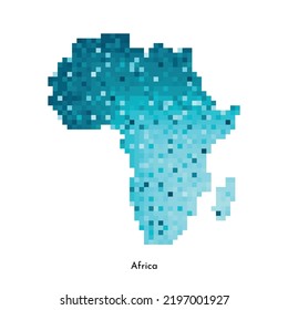 Vector isolated geometric illustration with simplified icy blue silhouette of Africa continent map. Pixel art style for NFT template. Dotted logo with gradient texture on white background
