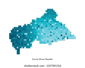 Vector isolated geometric illustration with simplified icy blue silhouette of Central African Republic map. Pixel art style for NFT template. Dotted logo with gradient texture on white background