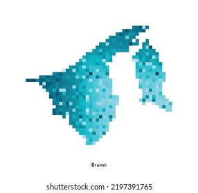 Vector isolated geometric illustration with simplified icy blue silhouette of Brunei map. Pixel art style for NFT template. Dotted logo with gradient texture for design on white background