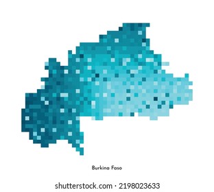Ilustración geométrica aislada de vectores con silueta azul hielo simplificado del mapa de Burkina Faso. Estilo de arte de píxeles para la plantilla NFT. Logotipo punteado con textura degradada para el diseño sobre fondo blanco