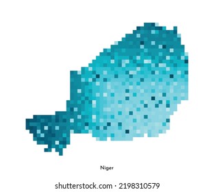 Vector isolated geometric illustration with simplified icy blue silhouette of Niger map. Pixel art style for NFT template. Dotted logo with gradient texture for design on white background
