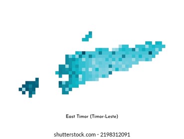 Vector isolated geometric illustration with simplified icy blue silhouette of East Timor (Timor-Leste) map. Pixel art style for NFT template. Dotted logo with gradient texture on white background
