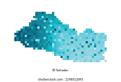 Vector isolated geometric illustration with simplified icy blue silhouette of El Salvador map. Pixel art style for NFT template. Dotted logo with gradient texture for design on white background