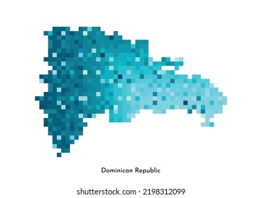 Vector isolated geometric illustration with simplified icy blue silhouette of Dominican Republic map. Pixel art style for NFT template. Dotted logo with gradient texture for design on white background