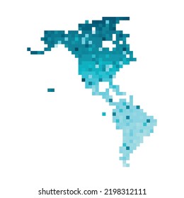 Vector isolated geometric illustration with simplified icy blue silhouette of North and South America (continent) map. Pixel art style for NFT template. Dotted logo with gradient texture