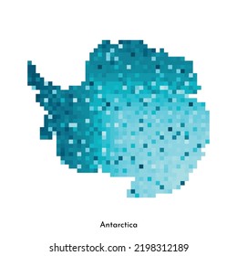 Vector isolated geometric illustration with simplified icy blue silhouette of Antarctica
map. Pixel art style for NFT template. Dotted logo with gradient texture on white background