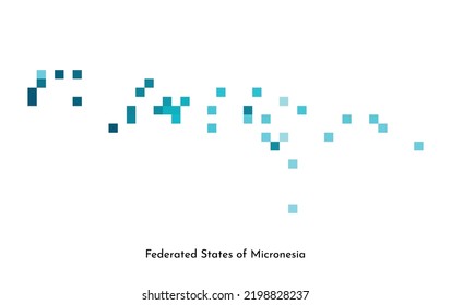 Vector isolated geometric illustration with simplified icy blue silhouette of Federated States of Micronesia map. Pixel art style for NFT template. Dotted logo with gradient texture 