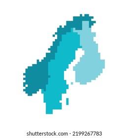 Vektor einzelne geometrische Abbildung mit vereinfachter, eisblauer Silhouette der nordeuropäischen Staaten (Finnland, Norwegen, Schweden) Karte. Pixelart-Stil für NFT-Vorlage mit Farbverlauf-Textur 