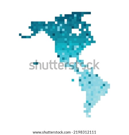 Vector isolated geometric illustration with simplified icy blue silhouette of North and South America (continent) map. Pixel art style for NFT template. Dotted logo with gradient texture
