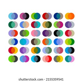 Vector isolated geometric pattern colored polka dots superimposed on each other with mixing of colors