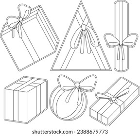 Vektorgeschenke mit Schleifen verschiedener Formen, Umrisse, unterschiedlicher Form von Kisten, quadratisch, dreieckig, rund, Zylinder einzeln, können als Aufkleber, Farbstoff oder für Textilien verwendet werden