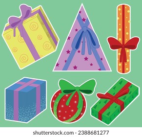 Vector isolated gifts with bows of different shapes and colors, different shape of boxes, square, triangular, round, cylinder, isolated, can be used as a sticker or for textiles