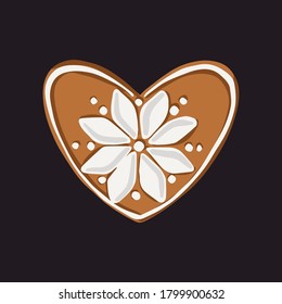 Vector isolated gingerbread cookie in heart shape with snowflake ornament