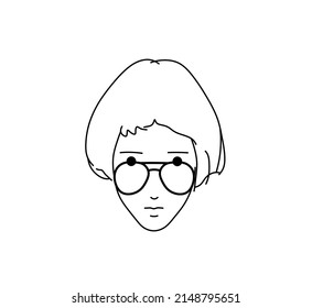 Vector Isolated Girl With Bangs And Short Hair With Glasses Head Colorless Black And White Contour Line Doodle Drawing