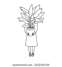 Vector aislado de niña con grandes macetas planta incolora línea de contorno blanco y negro fácil dibujo