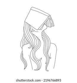 Vector isolated girl with a book on her face colorless black and white contour line drawing