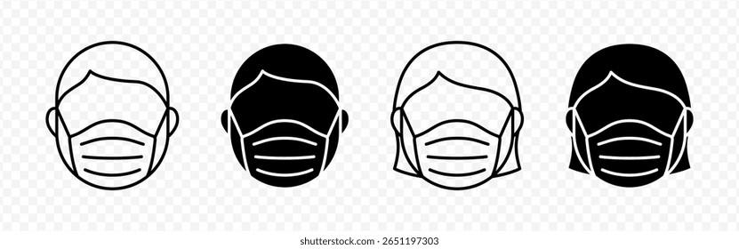 Vetor isolado Menina e Menino usando ícone máscara facial definido em contorno preto e preenchimento