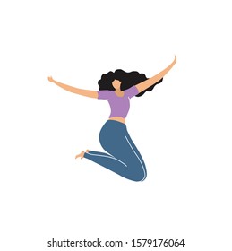 Vector isolated girl character jumping, flying woman,
victory pose people.